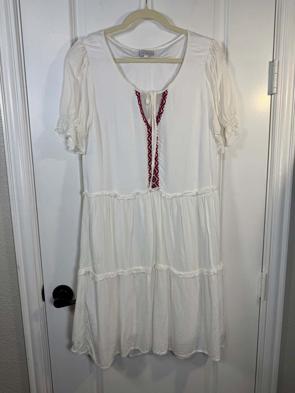 Margaux Riviera White Embroidered Tiered Boho Midi Dress Size M